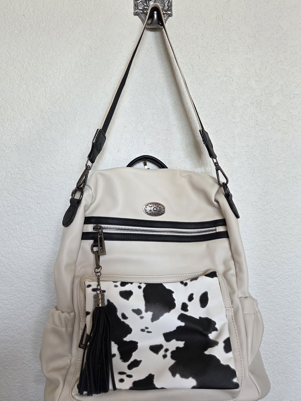Cream Backpack with Black Cowhide Print Front Pocket